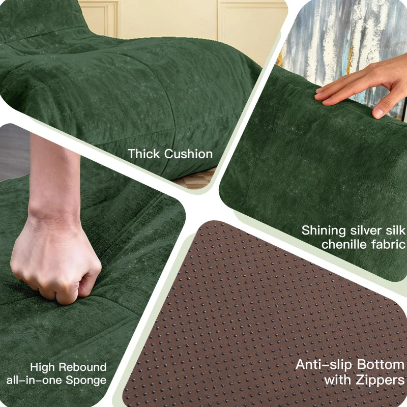 Soft Bean Bag Lazy Sofa with High-Rebound Sponge and Easy-Clean Chenille, Modern Couch with Non-slip Base, 110L x 90W x 67H cm, Green