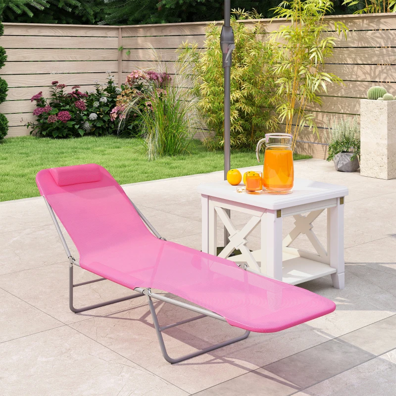 Outsunny Folding Sun Lounger with Head Pillow - Pink