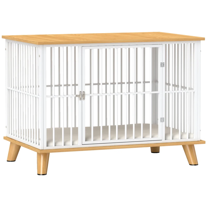 PawHut Cușcă pentru câini cu ușă cu închidere, pernă detașabilă, bună ventilație, oțel, 86x60x70 cm, Alb+Gri