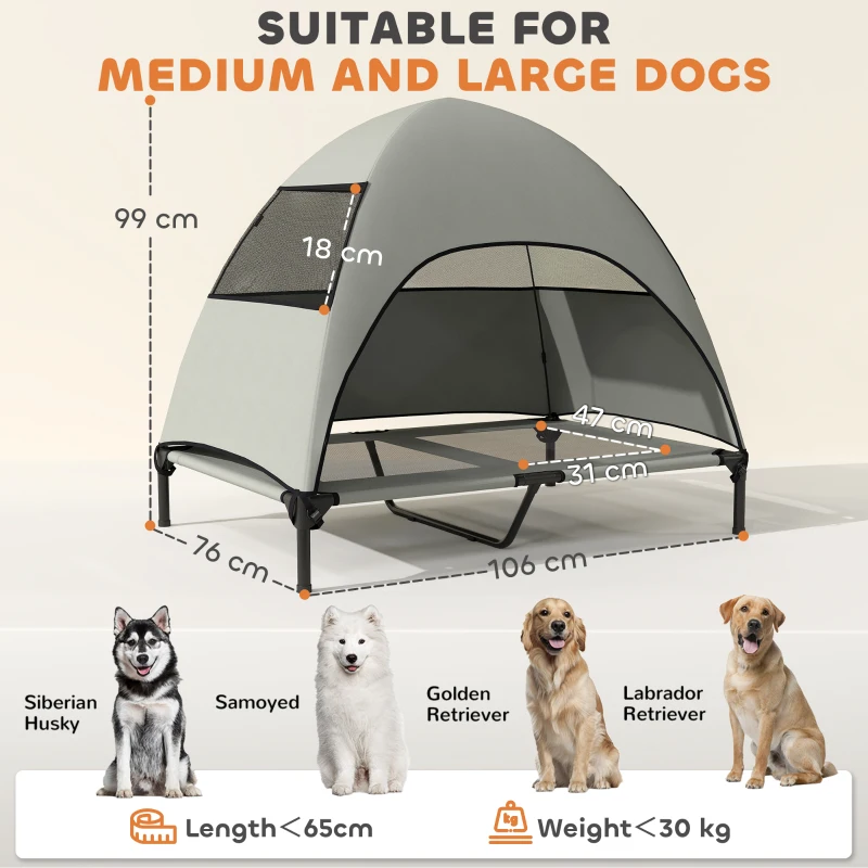 PawHut Pat pentru câini exterior cu acoperiș, pat ridicat pentru câini mari, 106 x 76 x 99 cm, Gri deschis