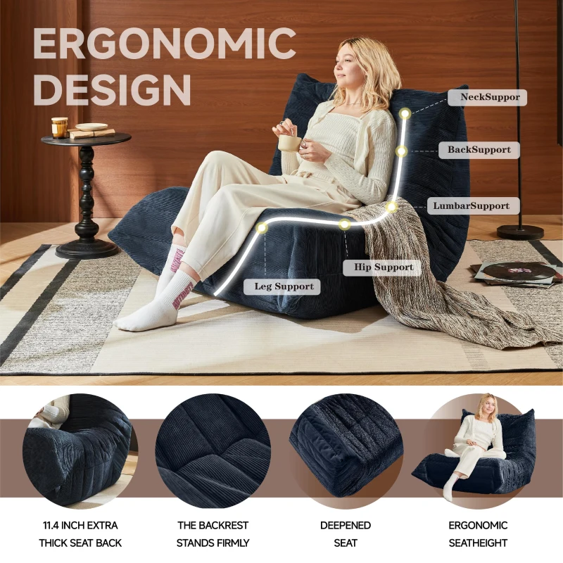 Cosy Corduroy Floor Chair with Neck and Legs Support and Deepened Seat, Sturdy Backrest with Extra-Thick, 105L x 95W x 85H cm, Blue