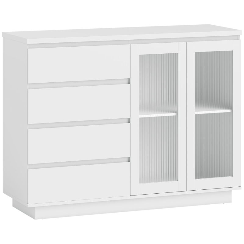HOMCOM Bufet, sideboard cu 4 sertare, 2 uși din sticlă, design modern, MDF, Alb