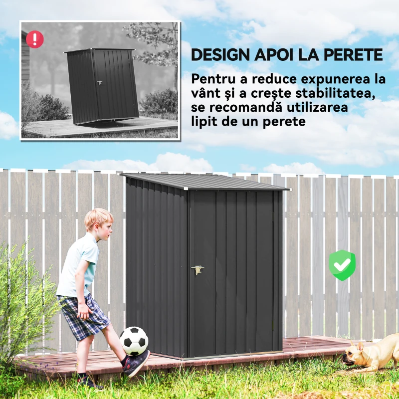 Outsunny Căsuță de Grădină 0,92m² din Oțel Galvanizat, Depozit pentru Unelte cu Ușă Blocabilă și Acoperiș Înclinat, 100x104x160 cm, Gri Închis