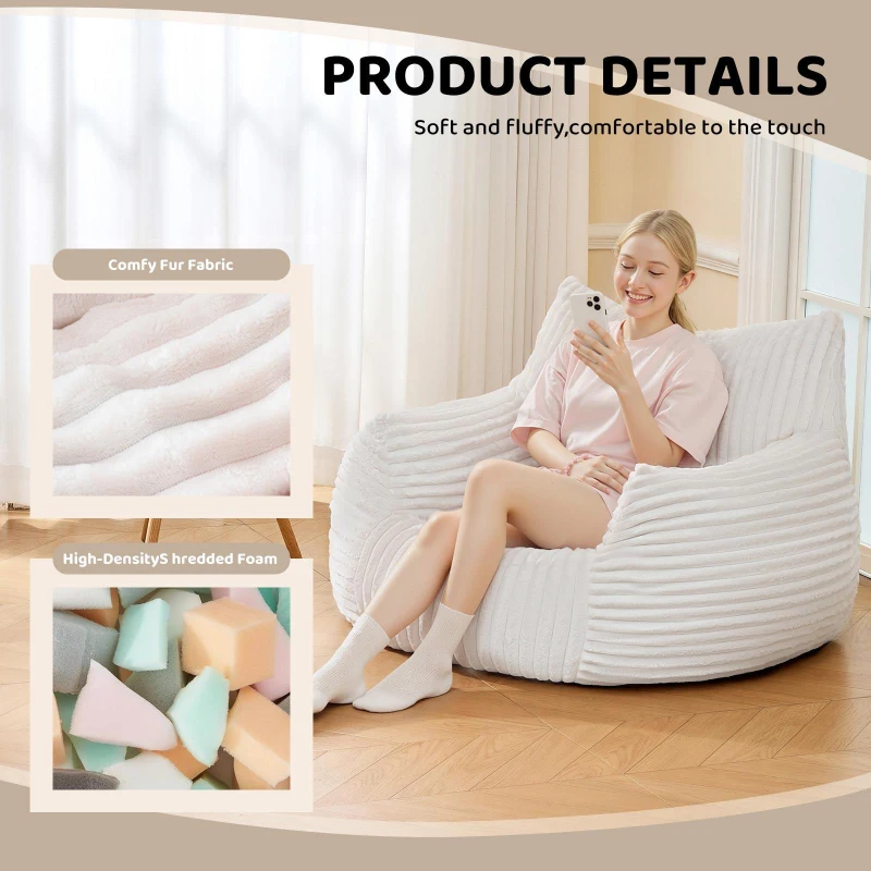 Ultra-Soft Fur Bean Bag Chair with High-Density Shredded Foam, Ergonomic Sofa with Skin-Friendly Lint-Free Fur, 117L x 98W x 75H cm, White