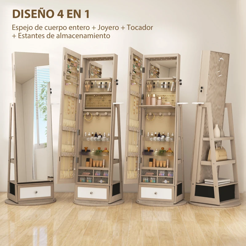 HOMCOM Espejo Joyero con Luces LED Armario Joyero con Espejo Entero Giratorio de 360° Cajón Cerradura Natural