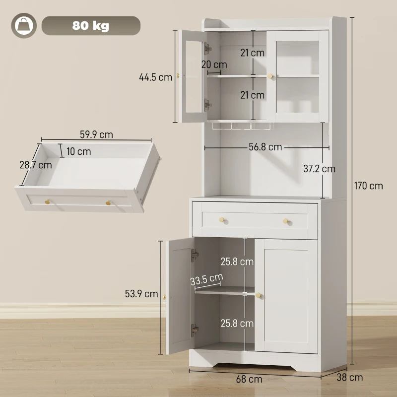 HOMCOM Dulap de bucătărie cu blat, suport pahare de vin, dulap de depozitare pentru bucătărie, sufragerie, 170 cm, MDF, sticlă, Alb