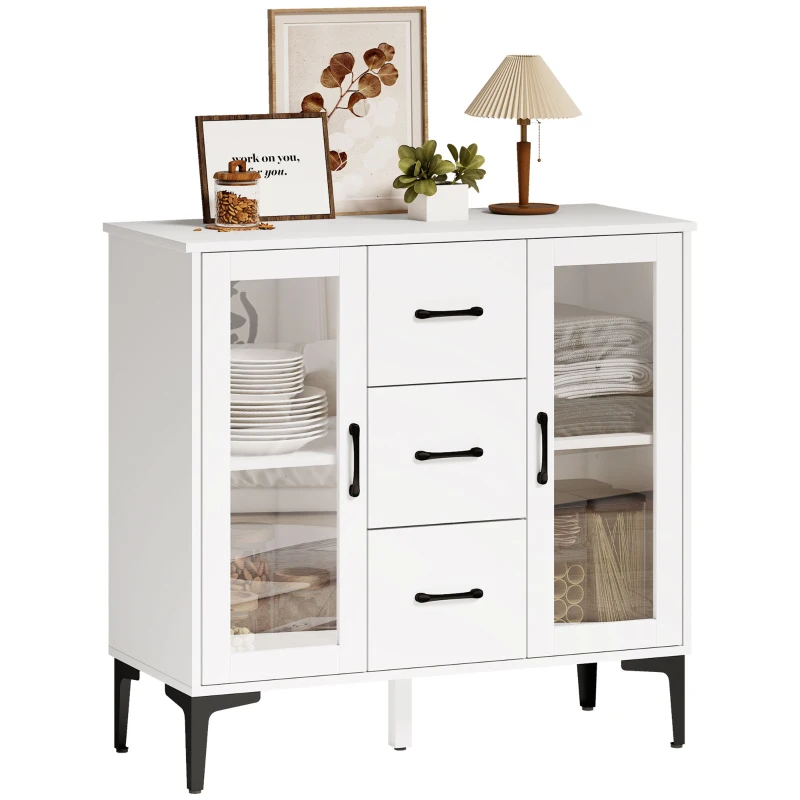 HOMCOM Bufet modern cu uși Soft-Close, bufet cu 3 sertare, 2 uși din sticlă, rafturi reglabile, MDF, Alb