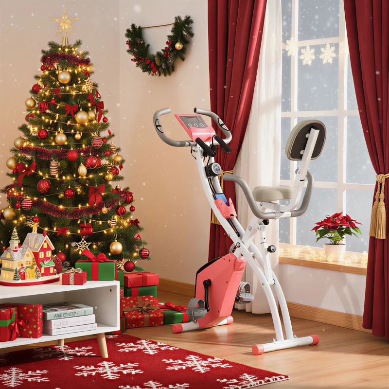 HOMCOM Heimtrainer X-Bike 2-in-1 Fahrradtrainer mit LCD-Display,Pulsmesser, klappbarer Hometrainer Trimmrad mit 8 stufig Magnetwiderstand, 1 Paar Spannseil, Stahl Rosa 105x48x118 cm