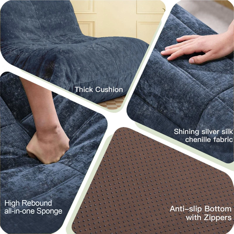 Modern Bean Bag Lazy Sofa with High-Rebound Sponge, Couch Ideal for Compact Spaces, Family, Children and Pets, 110L x 90W x 67H cm, Blue