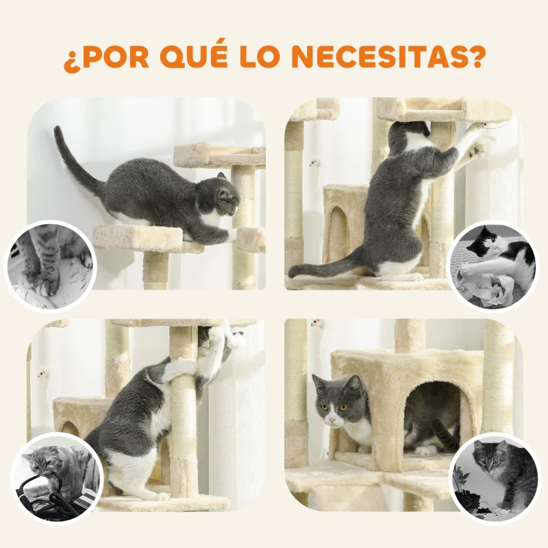 PawHut Árbol Rascador para Gatos Árbol para Gatos 153 cm con 2 Cuevas 3 Camas 2 Rampas Postes de Sisal Ratones Colgantes Crema