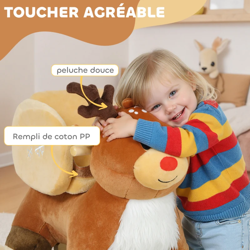 AIYAPLAY Cheval à bascule pour enfants, renne jouet à bascule bébé avec berceuses, ceinture de sécurité, 65 x 35 x 59 cm, marron