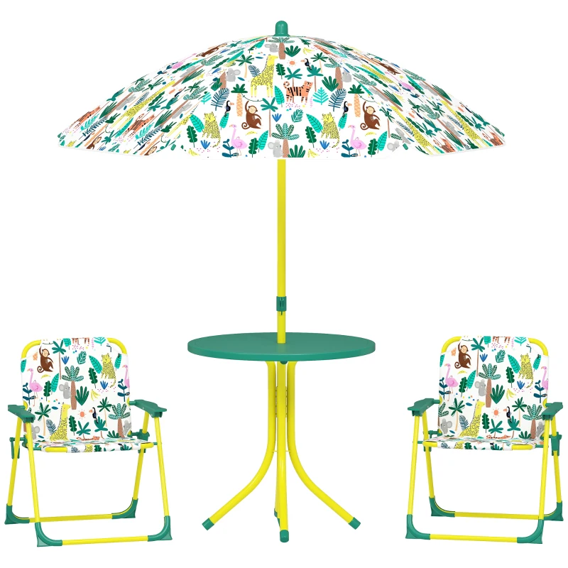 AIYAPLAY Masă de Picnic pentru Copii, Set Masă și Două Scaune Pliabile cu Umbrelă Demontabilă, Tematică Jungle, Mobilier de Exterior pentru Grădină, Terasă, Verde