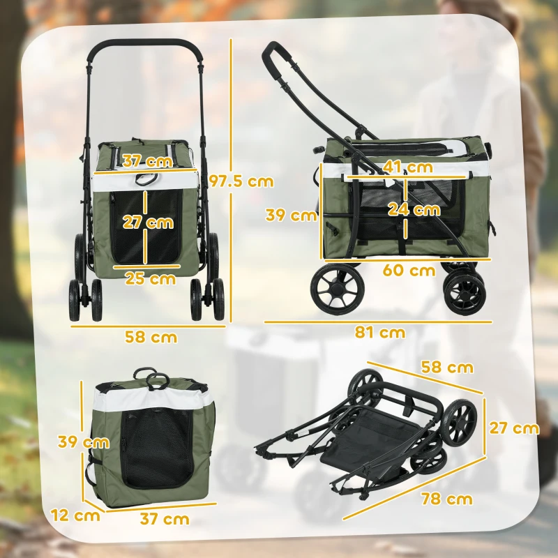 PawHut Cărucior pentru câini Cărucior pentru animale Cărucior pentru câini, pliabil, coș detașabil, 81 x 58 x 97,5 cm, Negru+Verde închis+Alb