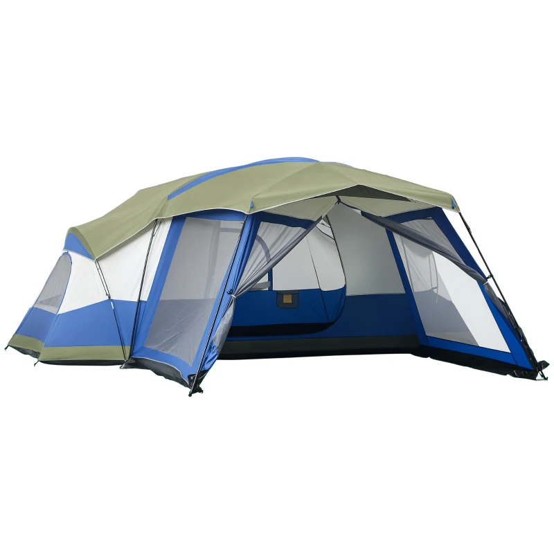 Outsunny Cort camping 6-8 persoane Cort familial cu vestibul 2 ferestre Cort cupolă piele ecologică3000mm pentru trekking festival fibră de sticlă Albastru 518 x 487 x 237 cm