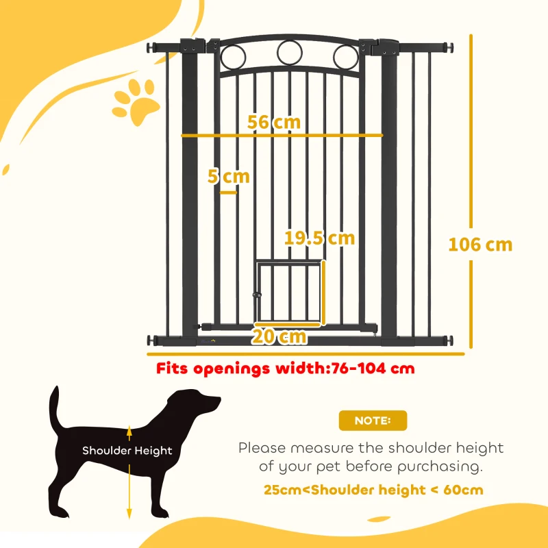 PawHut Poartă pentru animale de companie înaltă de 106 cm cu lățime reglabilă, ușă integrată pentru pisici, pentru scări și tocuri de ușă, Negru