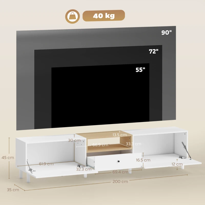 HOMCOM Comodă TV 200 cm pentru televizoare până la 228,6 cm, 2 compartimente rabatabile, spațiu deschis, sertar, 8 picioare, placă aglomerată, alb