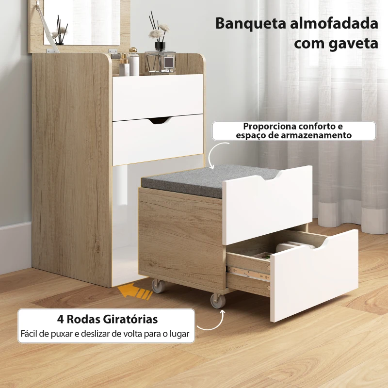 HOMCOM Toucador de Maquilhagem 3 em 1 com Espelho Rebatível 3 Gavetas e Banco Acolchoado 50x40x78 cm Carvalho e Branco