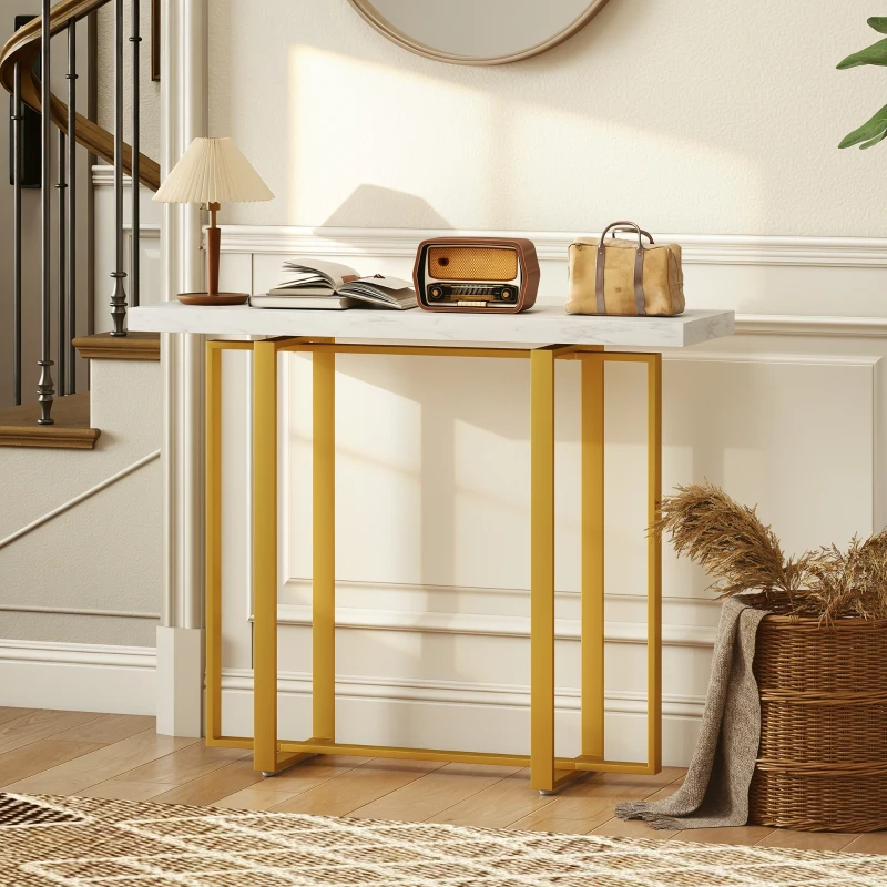 HOMCOM Console Table with Faux Marble Top, 100 cm Narrow Entryway Table with Anti-tipping Device, Steel Frame, White