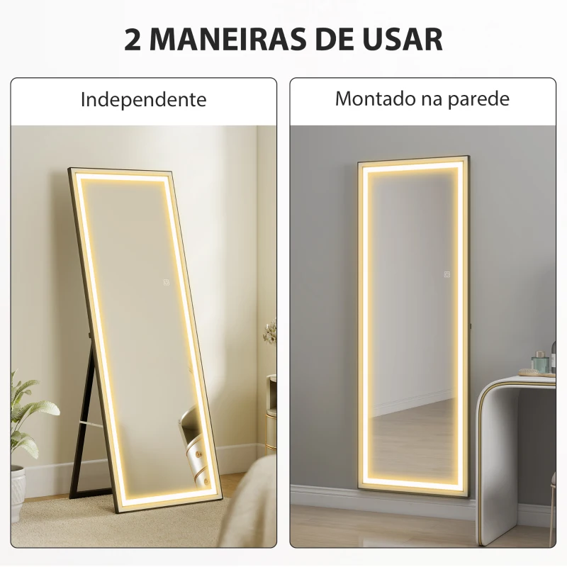 HOMCOM Espelho de Pé  com Luzes 165x60 cm 3 Temperaturas de Cor Brilho Ajustável Independente ou de Parede Branco e Preto