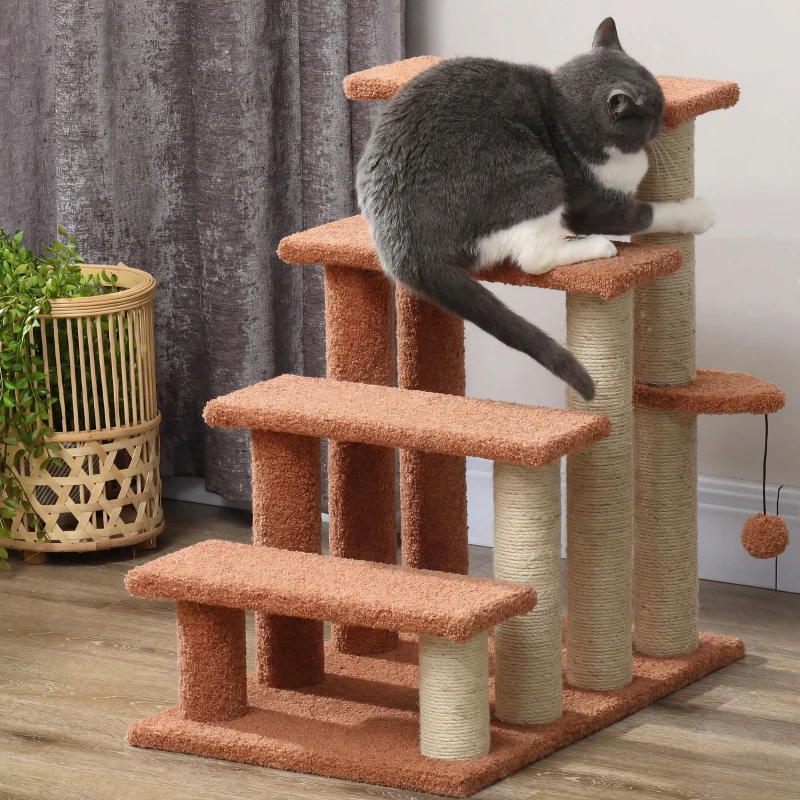 PawHut Haustiertreppe, Kratzbaum, 4-stufig, für Tiere bis 5 kg, 60x40x64cm, Braun