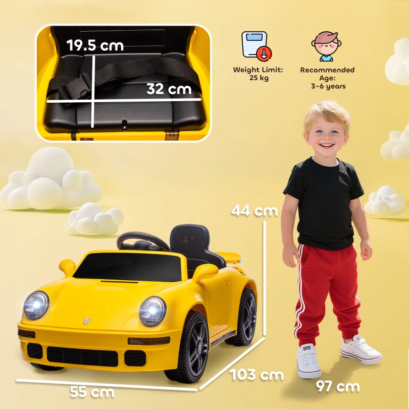 AIYAPLAY Mașină electrică pentru copii, mașină 12V pentru copii cu telecomandă, pornire blândă, MP3-Player, lumini LED, claxon, indicator de energie, Galben
