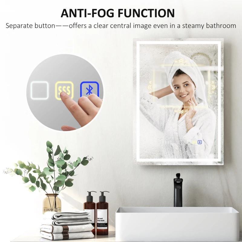 HOMCOM 50 x 70 cm Anti-Fog LED Bathroom Mirror, with Bluetooth and Clock - Silver Tone