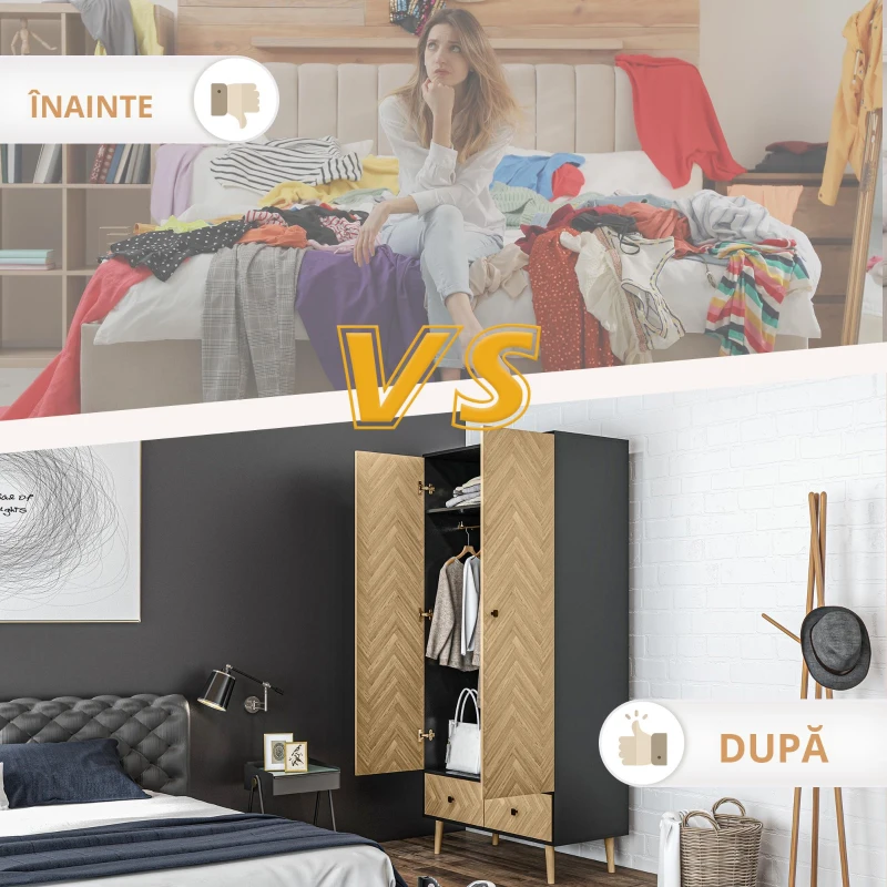 Homcom Dulap Lemn Gri inchis – 2 Usi, Compartimente si Sertare(m-4)