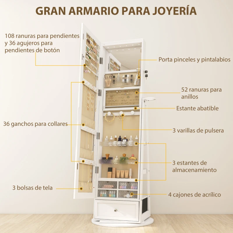 HOMCOM Espejo Joyero con Luces LED Armario Joyero con Espejo Entero Giratorio de 360° Cajón Cerradura Blanco