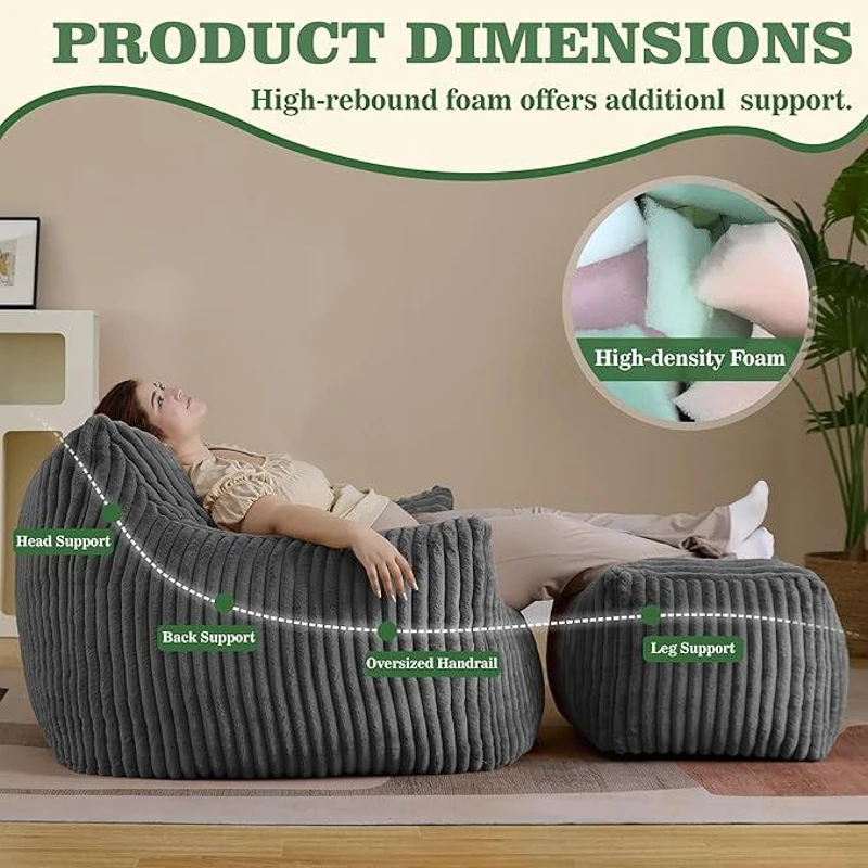 Ultra-Soft Bean Bag Chair with Footrest and High-Density Shredded Foam, Ergonomic Sofa with Breathable Fabric, 117L x 98W x 75H cm, Black