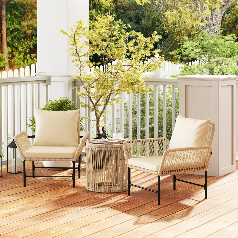Outsunny Set mobilier de grădină din Polyrattan, mobilier outdoor pentru balcon pentru 2 persoane, 3 piese cu 2 scaune, măsuță laterală, perne