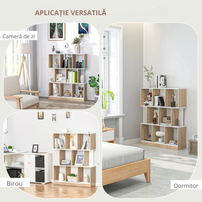 HOMCOM Biblioteca 100×27×124 cm – Lemn Stejar & Alb cu 8 Rafturi