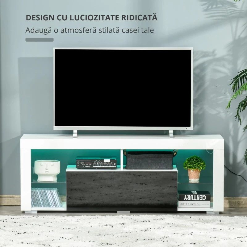 HOMCOM Suport tv cu lumini led multicolore și telecomandă pentru televizoare până la 55", Alb