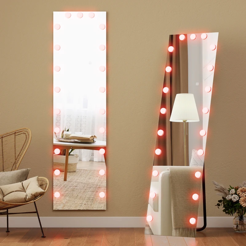 HOMCOM Oglindă pentru corp întreg 150x40 cm LED RGB, oglindă de podea cu 21 becuri, 7 culori, buton tactil, funcție memorie