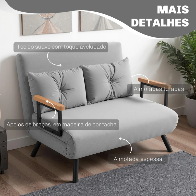 HOMCOM Sofá Cama Sofá Convertível em Cama de 2 Lugares Dobrável com Encosto Ajustável em 5 Níveis e 2 Almofadas 102x73x81 cm Bege
