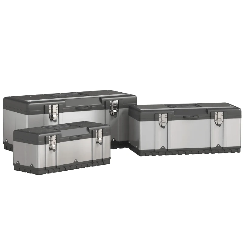 HOMCOM Set de 3 cutii pentru scule, oțel inoxidabil, plastic, culoare argintie