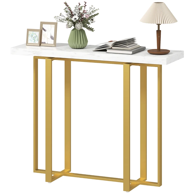 HOMCOM Console Table with Faux Marble Top, 100 cm Narrow Entryway Table with Anti-tipping Device, Steel Frame, White