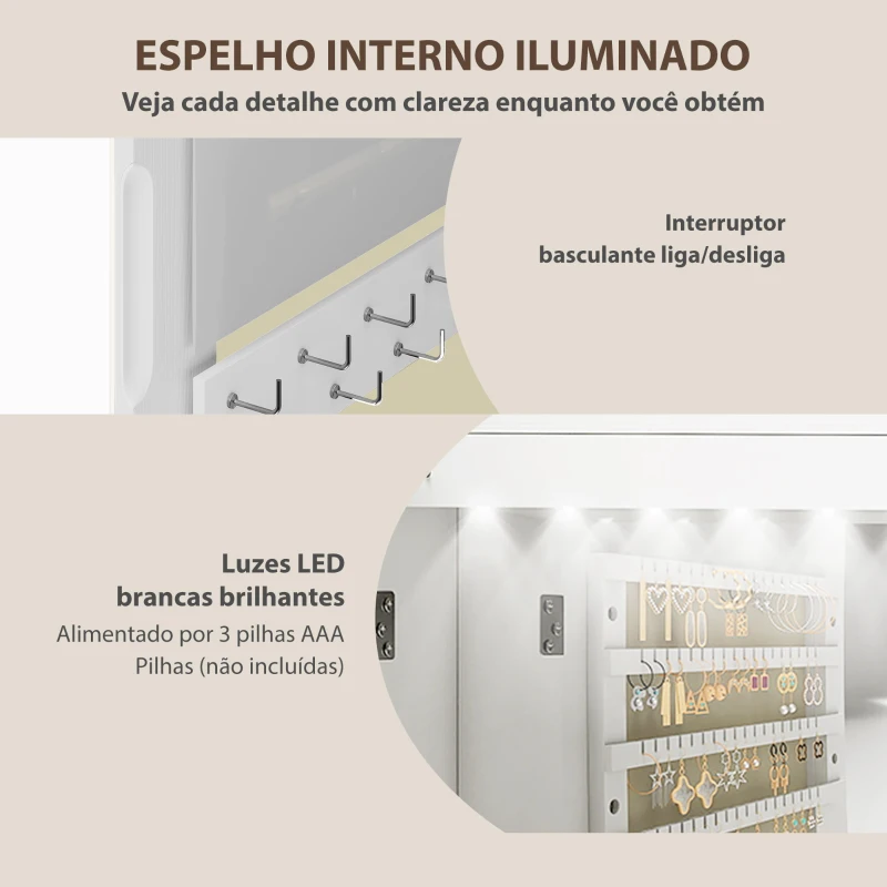 HOMCOM Espelho para Joias com Luz LED Montado na Parede ou na Porta com Fechadura Espelho de Corpo Inteiro 2 Gavetas Branco