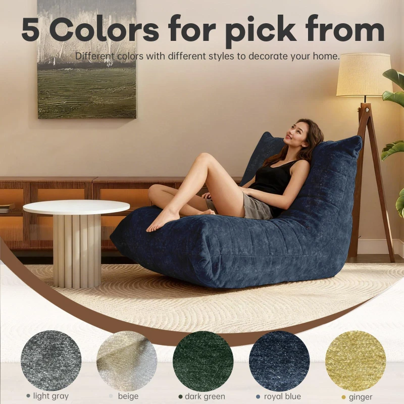 Modern Bean Bag Lazy Sofa with High-Rebound Sponge, Couch Ideal for Compact Spaces, Family, Children and Pets, 110L x 90W x 67H cm, Blue