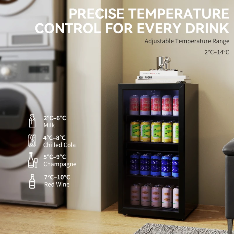 HOMCOM 93L Drinks Fridge, 115 Can Freestanding Beer Fridge with Glass Door, Adjustable Shelves, LED Light, for Beer Soda, Black