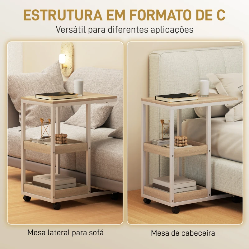 HOMCOM Mesa Auxiliar em Forma de C com Rodas Prateleiras Abertas e Estrutura em Aço para Sala ou Quarto 51x33x66 cm Madeira e Branco
