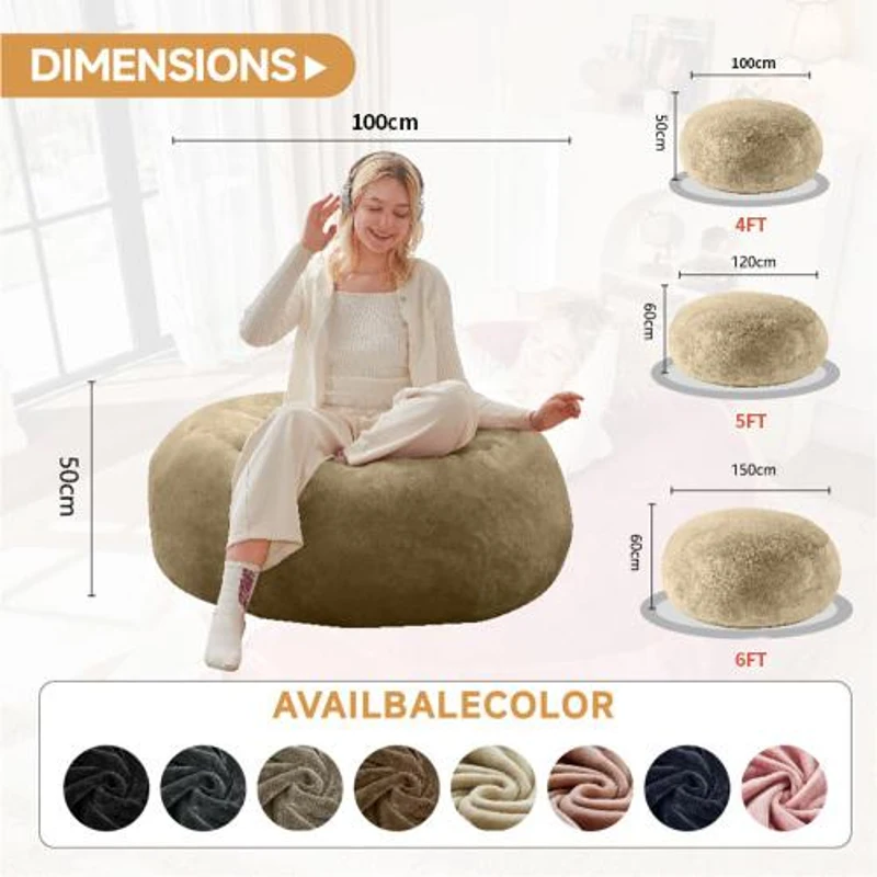 4-Foot Medium Bean Bag Sofa Chair with Eco‑Friendly Bead Filling, Foldable Cover, Reading Lounger for Adults, 100L x 100W x 50H cm, Apricot