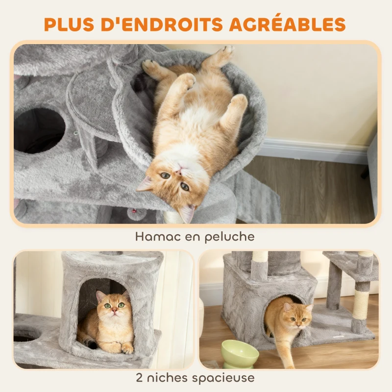 PawHut Arbre à chat tour de jeux 7 poteaux à griffer 3 platesformes 2 niches tunnel hamac et 2 pompons 170 cm gris foncé