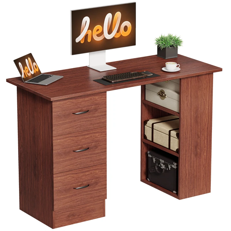 HOMCOM Computer Desk, Writing Table, PC Workstation with 3 Storage Shelves and Drawers, Handle, for Home Office, Walnut Brown