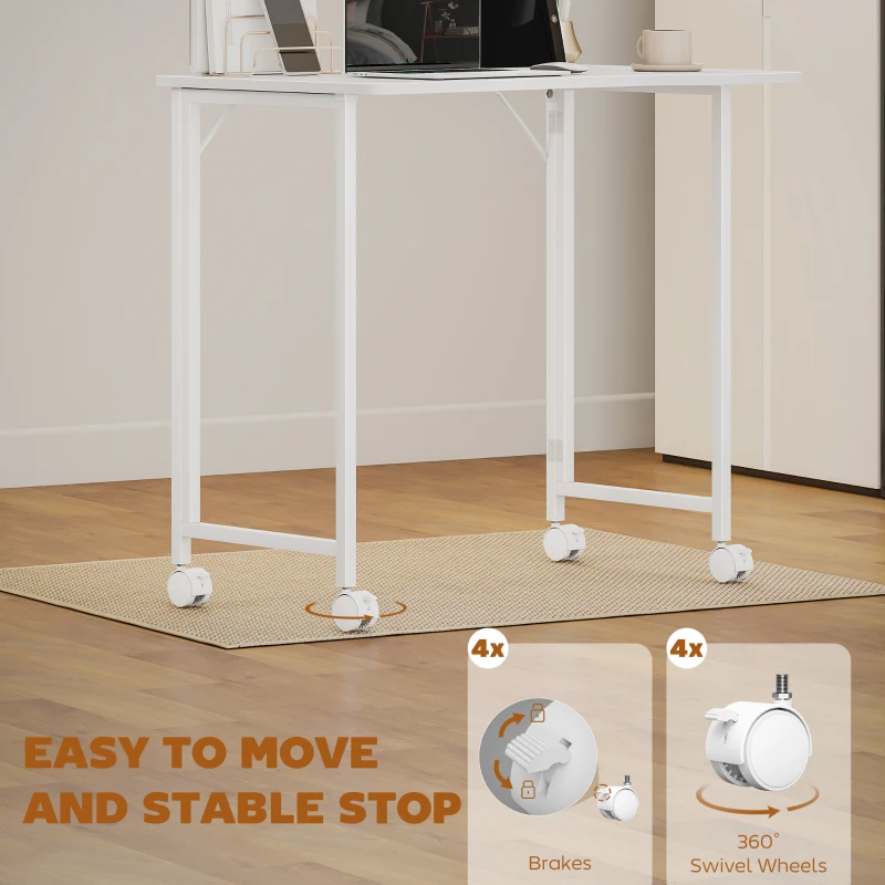 HOMCOM Small Folding Desk, with Wheels - White Wood-Effect