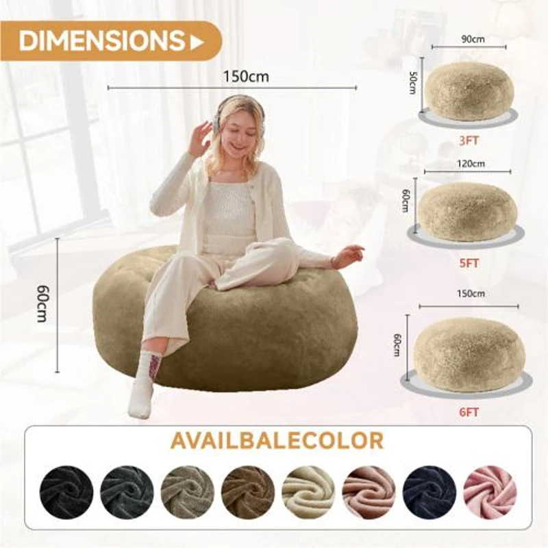 Large Bean Bag Sofa Chair with Eco-Friendly Bead Filling, Washable Covers, Temporary Guest Bed for Adults, 150L x 150W x 60H cm, Apricot