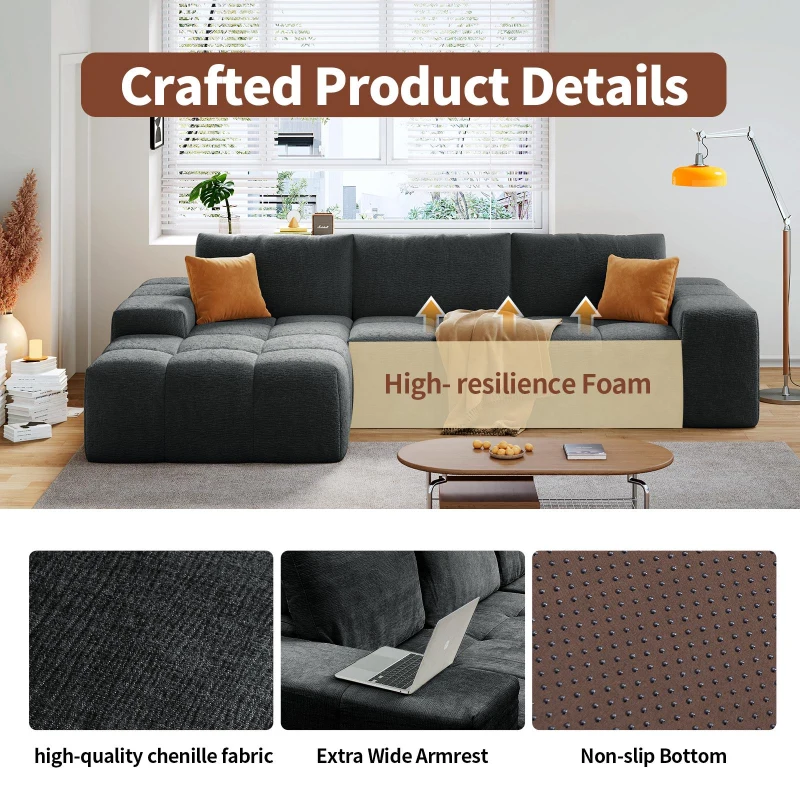 Soft L-Shaped Cloud Sofa with Premium Chenille and High-Resilience Foam, Shape-Retaining Seat with Armrests, 290L x 177W x 62H cm, Black