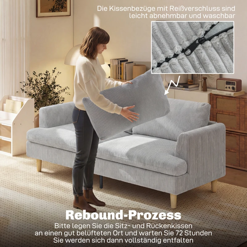 HOMCOM Sofa 3-osobowa, kanapa z podłokietnikami, tapicerowana sofa w sztruksowym stylu do salonu Jasnoszary