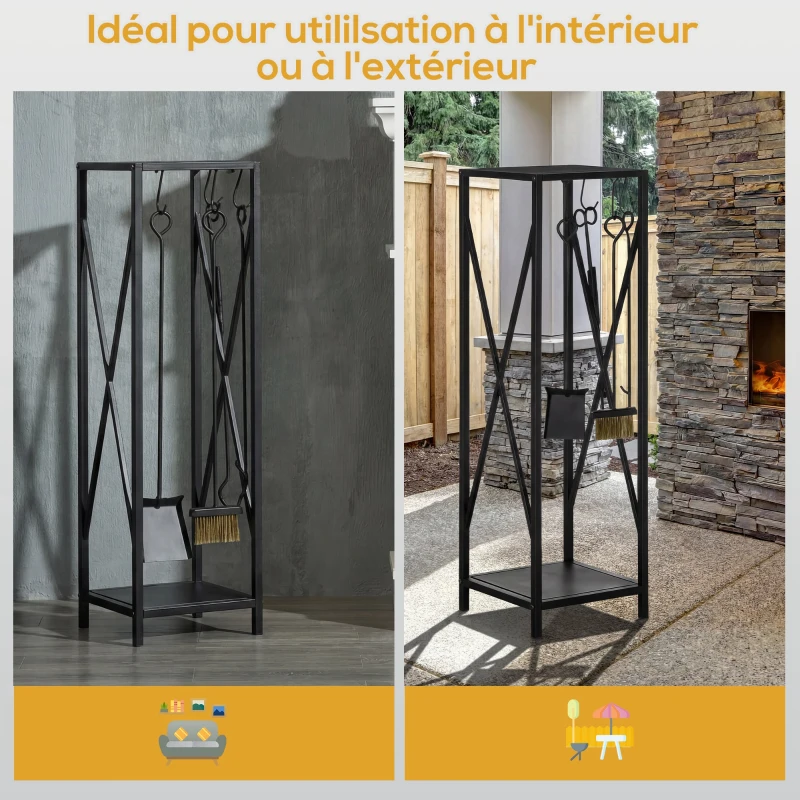 Outsunny Porte bûches - Range bûches Serviteur de cheminée Colonne - Multi Accessoires dim. 34L x 34l x 111H cm métal Noir