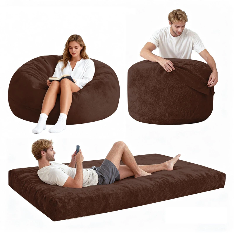 2-In-1 Convertible Bean Bag Chair Bed with Removable Machine-Washable Cover, Giant sofa with Soft Liner, 110L x 110W x 70H cm, Brown