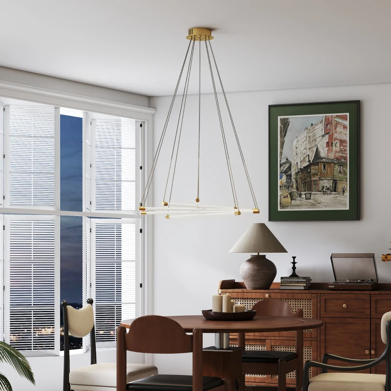 HOMCOM Lampă de tavan LED, 50 W, 5 tuburi de lumină ajustabile, reglabilă, corp de iluminat pentru living, sufragerie, bucătărie, Auriu+Alb